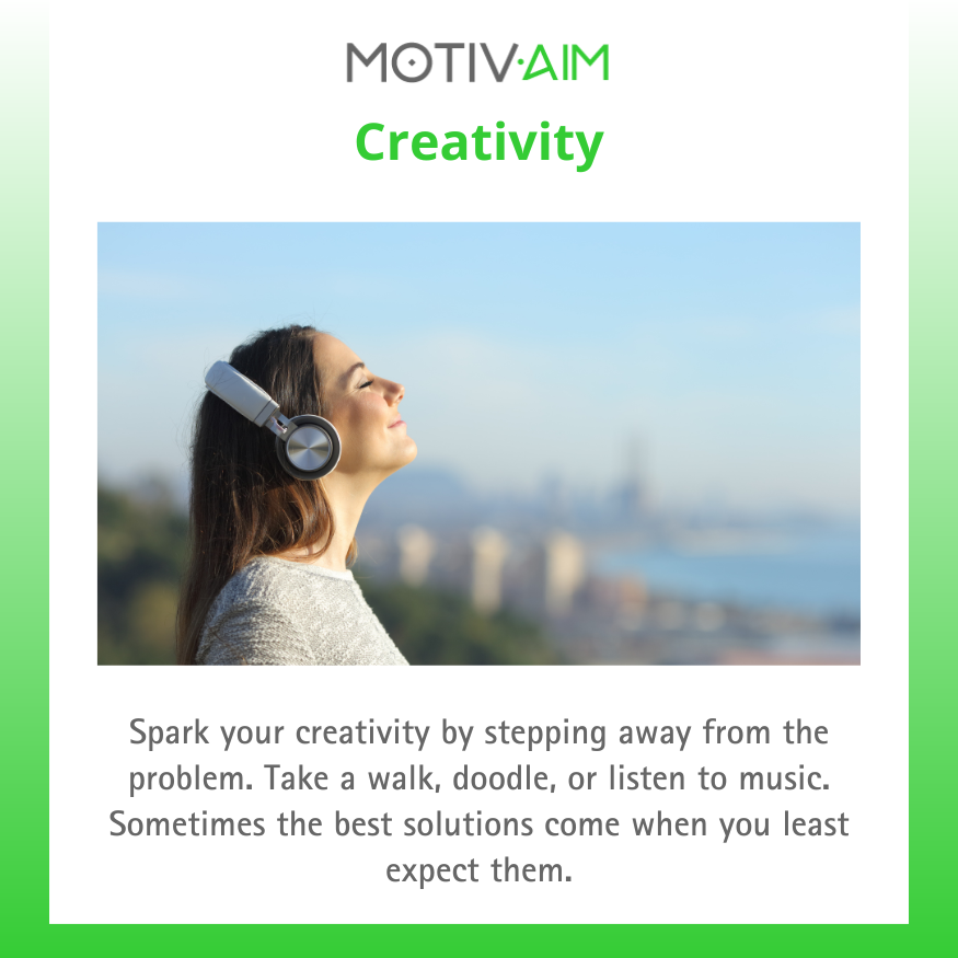 Motivaim's tweet photo. Spark Your Creativity! Feeling stuck? Step away from the problem. Take a walk, doodle, or listen to music.  Sometimes inspiration strikes when you least expect it!  #CreativeThinking #BoostYourCreativity https://t.co/EcLkdjzeyC