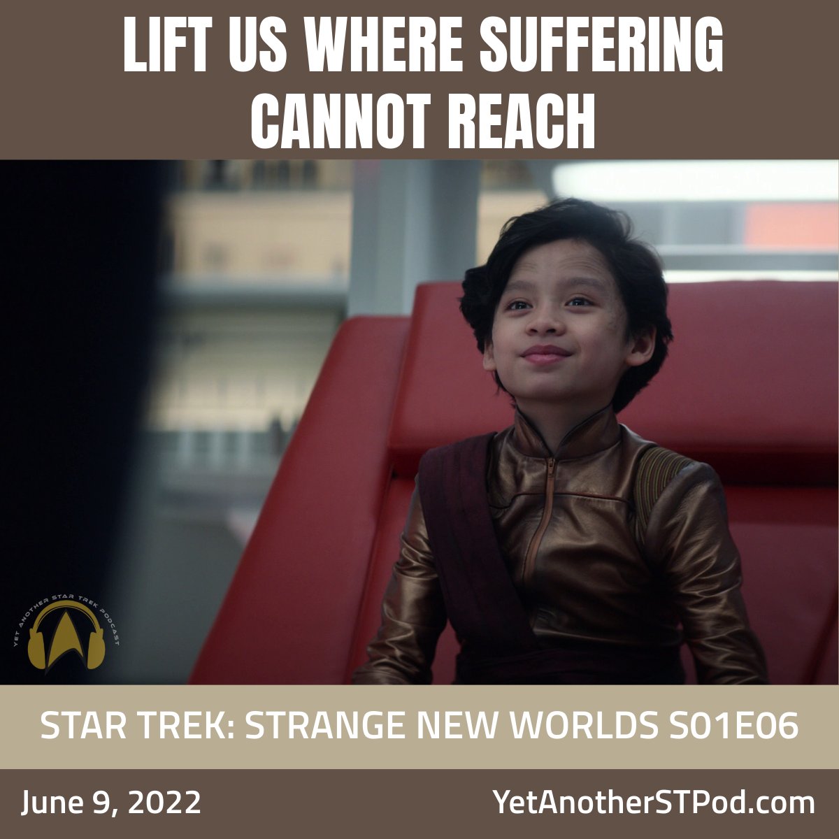 YetAnotherSTPod's tweet image. #OnThisDay, June 9, 2022...

Pike reconciles with a culture's mantra of "science, service, sacrifice" when a young boy gives his life for the cause.

Listen to #StarTrek #StrangeNewWorlds ep "Lift Us Where Suffering Cannot Reach" thoughts: bit.ly/yastp-snw-s01e…