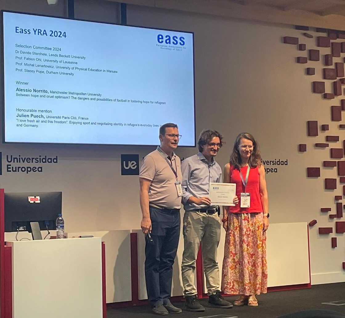 SPU_MMU's tweet photo. Dr @NorritoAlessio was honoured with the Young Researcher Award at the 2024 European Association for Sociology of Sport. Dr Norrito gave a keynote titled, "Between hope and cruel optimism? The dangers and possibilities of football in fostering hope for refugees."
@McrInstSport https://t.co/Bu6TBYjiJ1