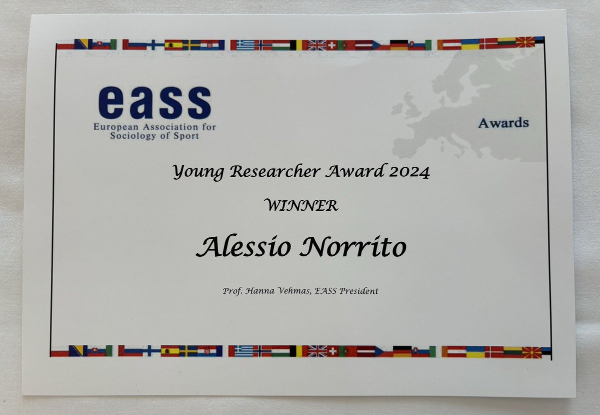 SPU_MMU's tweet photo. Dr @NorritoAlessio was honoured with the Young Researcher Award at the 2024 European Association for Sociology of Sport. Dr Norrito gave a keynote titled, "Between hope and cruel optimism? The dangers and possibilities of football in fostering hope for refugees."
@McrInstSport https://t.co/Bu6TBYjiJ1