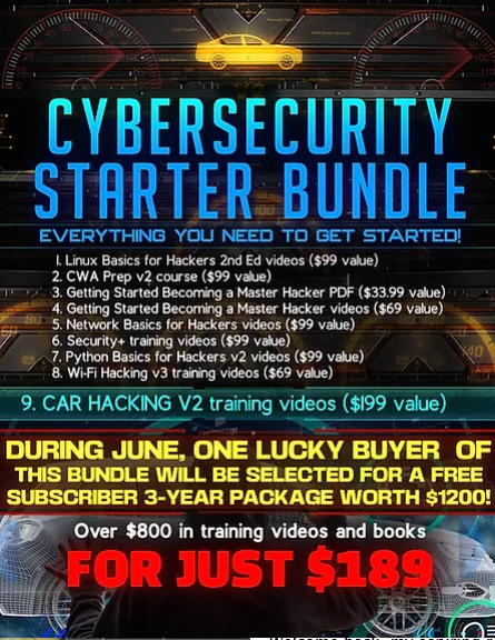 three_cube's tweet photo. The best way to get started in cybersecurity!  

One Lucky Purchaser (limited to 100) in June will be Chosen for a FREE Subscriber training package worth $1200!                       

In June,  includes Car Hacking ($199 value)  

The Hackers-Arise Cybersecurity Starter Bundle!        

Just $189 

https://t.co/LKqic3lOtO