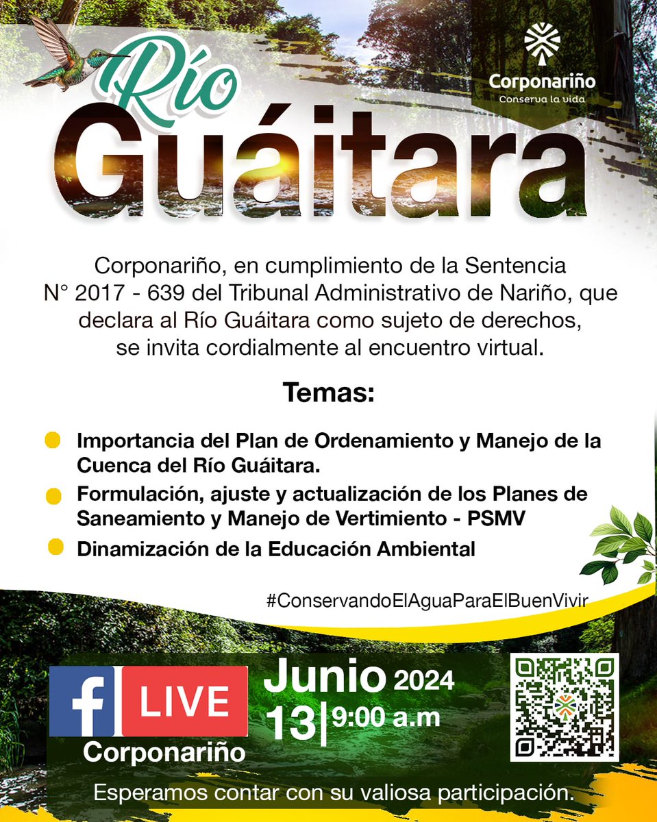 Conéctate para conocer la importancia de nuestra cuenca hídrica del Río Guáitara y profundizar en los temas que tendrán un gran impacto ambiental.
¡Te esperamos! Haz parte de la transformación, sé parte de este importante encuentro.
🍃💧🌿🌎
#Corponariño