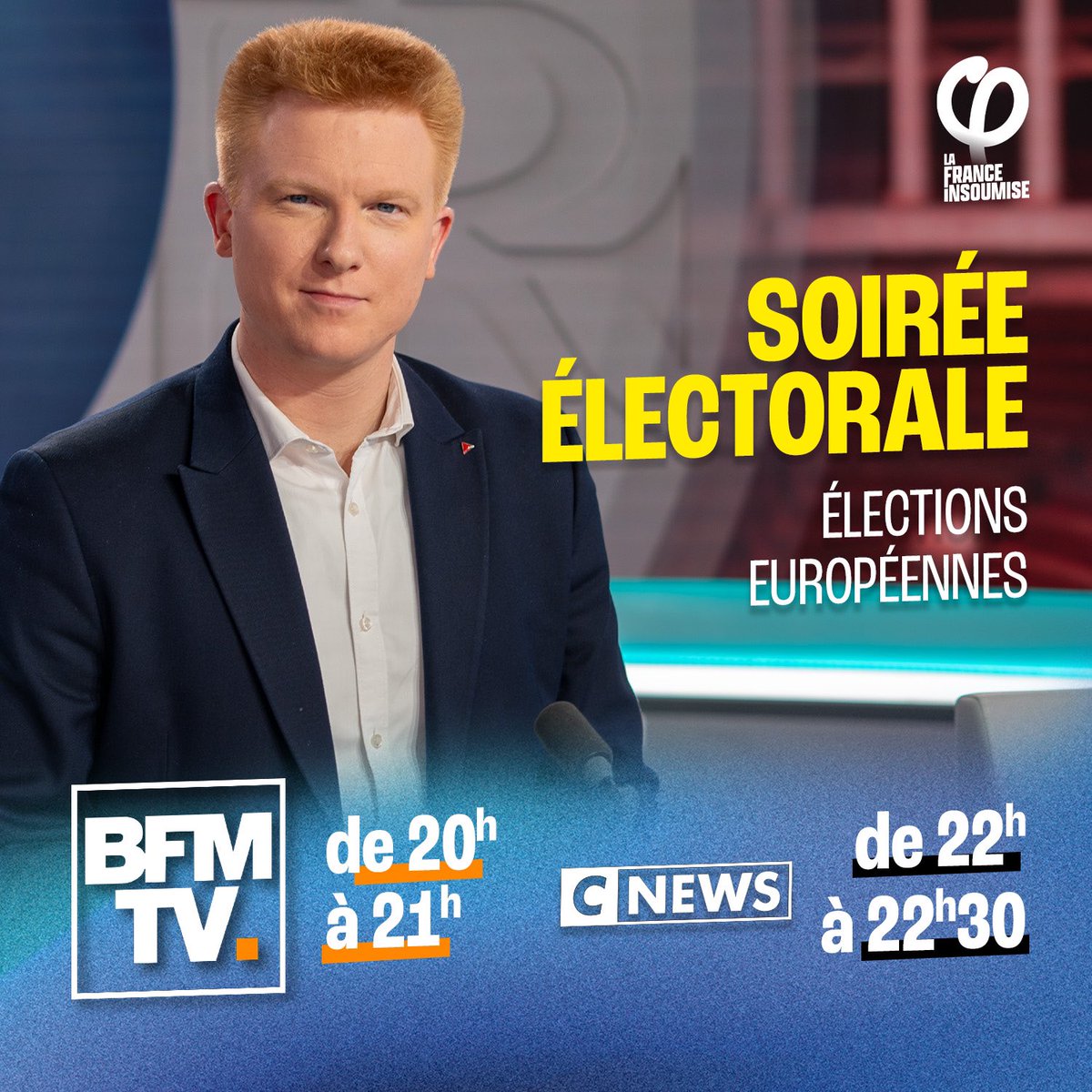 AQuatennens's tweet photo. 🔴📺 Retrouvez-moi à 20h sur @BFMTV et à 22h sur @CNEWS pour les résultats des élections européennes ! https://t.co/nHBgloRto8