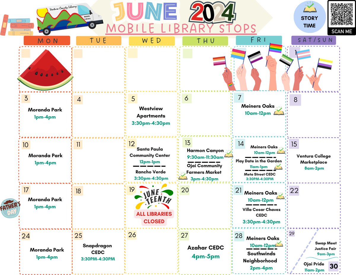 ✨Check out all of the Mobile Library stops happening in June!  Please stop by! 🚐📚