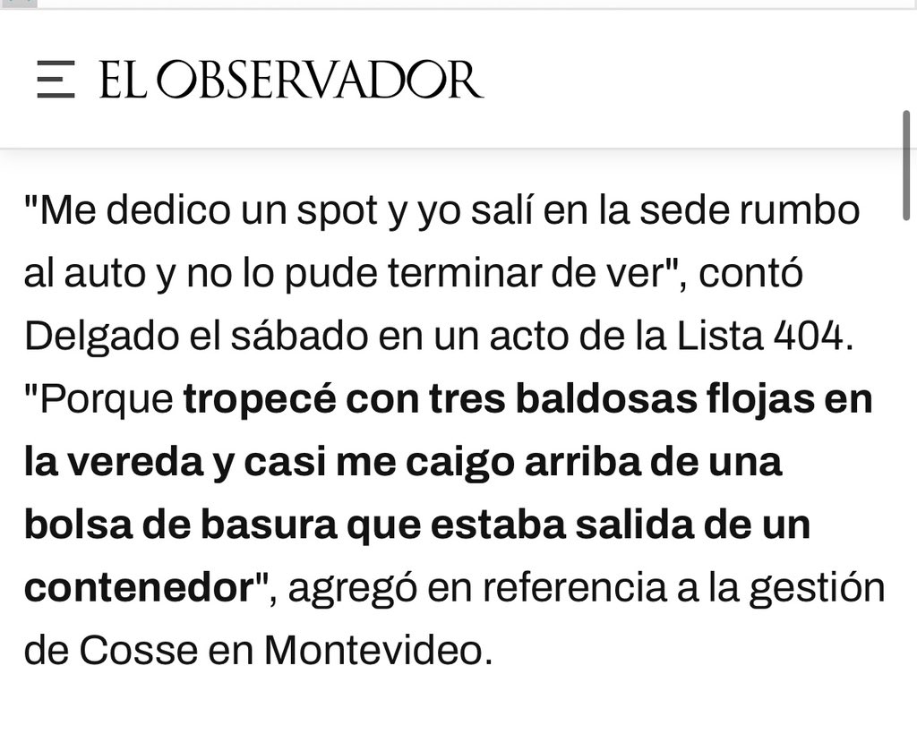 Las bolsas de basura que Delgado ve fuera del contenedor responden a las 3000 personas en situación de calle que hay gracias a que su gobierno solo piensa en los malla oro. La basura se arregla mandando una foto al 092.250.260, lo otro se cambia votando al <a href="/Frente_Amplio/">Frente Amplio</a>