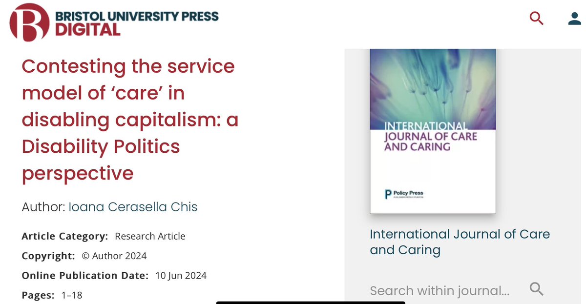 DisPrecWork's tweet photo. ‘Contesting the service model of ‘care’ in disabling capitalism: A Disability Politics perspective’
Paper published today in the International Journal of Care & Caring (@IJCCjournal) - @BUP_Journals
#SocialReproduction #DisabilityPolitics #OpenAccess
https://t.co/oQjmiYzx7R https://t.co/ufNTwhtRPY