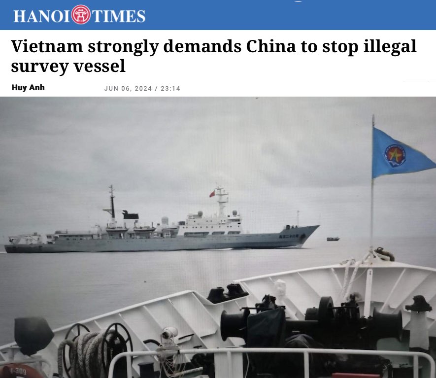 AmbSanjay_'s tweet photo. Trouble in TonkinGulf
2000: China-Vietnam maritime delimitation done for TonkinGulf (not SCS)
2024: 🇨🇳 revised baseline, expand claim on Exclusive Economic Zone.
HaiYang26 survey ship in 🇻🇳 EEZ
🇨🇳 unilateral belligerence violated bilateral treaty, DOC & #UNCLOS1982 https://t.co/SR8xcrsRm9