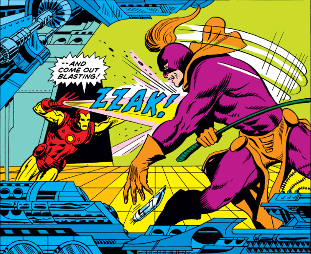 MarvelADay's tweet photo. #MarvelADay #IM62 #IronMan62 Tony leaves the room to "get" Iron Man, who heralds his arrival with a powerful ZZAK! Horsetail counters with a pair of KRAKs that destroy the repulsor rays in IM's gloves. - crs https://t.co/9B96K7TLlH