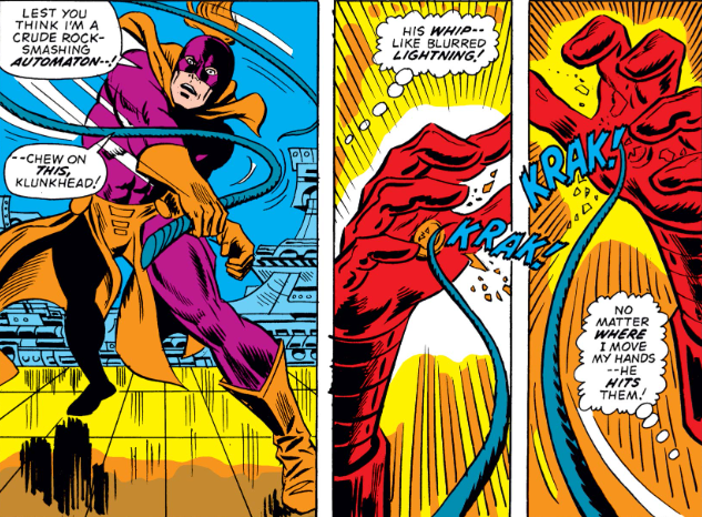 MarvelADay's tweet photo. #MarvelADay #IM62 #IronMan62 Tony leaves the room to "get" Iron Man, who heralds his arrival with a powerful ZZAK! Horsetail counters with a pair of KRAKs that destroy the repulsor rays in IM's gloves. - crs https://t.co/9B96K7TLlH