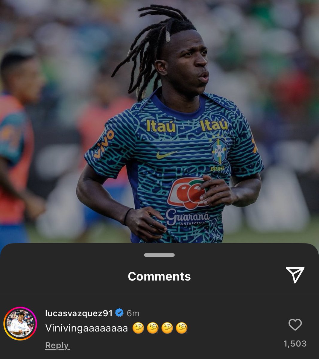 MadridXtra's tweet photo. 📲 Lucas Vázquez replies to Viní Jr’s IG post: “Vinivinga” 😂 https://t.co/z82ZOZT5Ws