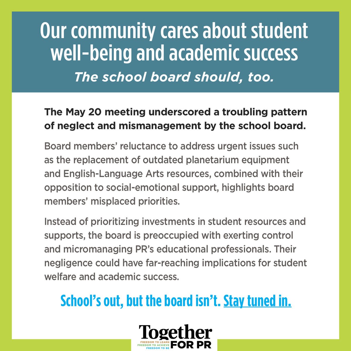 TogetherforPR's tweet photo. Heads up -- the school board doesn't go on summer break. They expect community members to stop paying attention, but our students are far too important for us to let that happen. Stay tuned in! The board is expected to vote on several critical issues on Monday June 10. https://t.co/SwkmJKI6j5