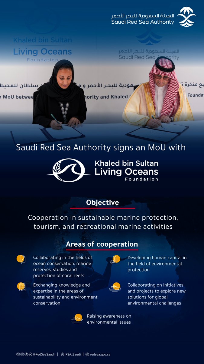 RedSeaSaudi's tweet photo. Continuing our commitment following #WorldOceanDay, #SaudiRedSeaAuthority signs an MoU with Khaled bin Sultan Living Oceans Foundation to promote sustainability of marine and coastal ecosystems https://t.co/NGDDbwbeox