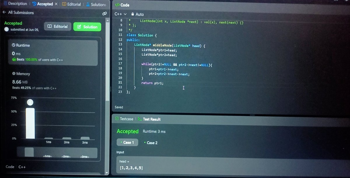 Neharik04's tweet photo. Day 7 ✅
Today, I learned about linklist and solved two problems related to it. Grinding ✨ #100DaysOfDSA #Linklist #LeetCode" https://t.co/vGEWFRbtdT