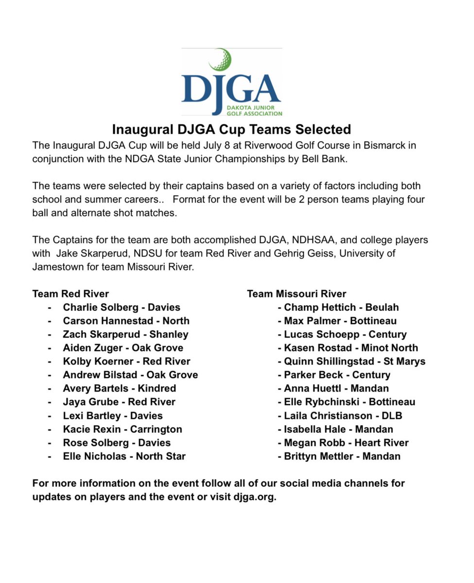 DakJuniorGolf's tweet photo. Team Red River and Team Missouri River are ready for the 2024 DJGA Cup coming this July in Bismarck! https://t.co/EQf47739nx