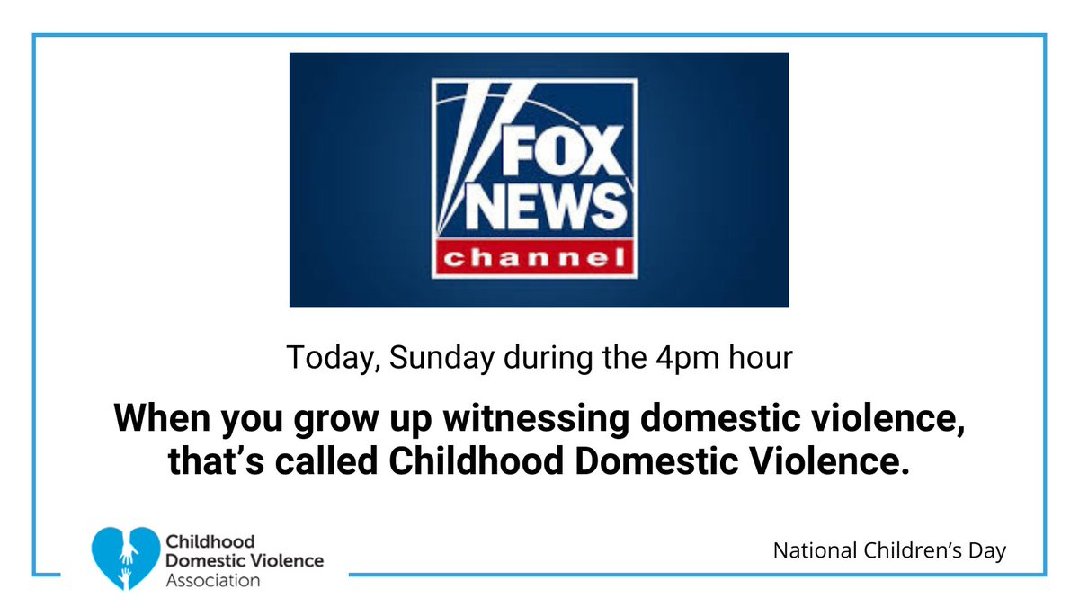 CDVorg's tweet photo. 🙏@FoxNews for raising CDV awareness! Watch 4pm as our Advisory Board Member, Dr. Linda Olson talks about the issue, its impact on adults who witnessed DV growing up &amp; how to help children now. https://t.co/EAeUjkA2YI  #FoxNewsLive #ChildhoodDomesticViolence #NationalChildrensDay https://t.co/L2vIem2KrI