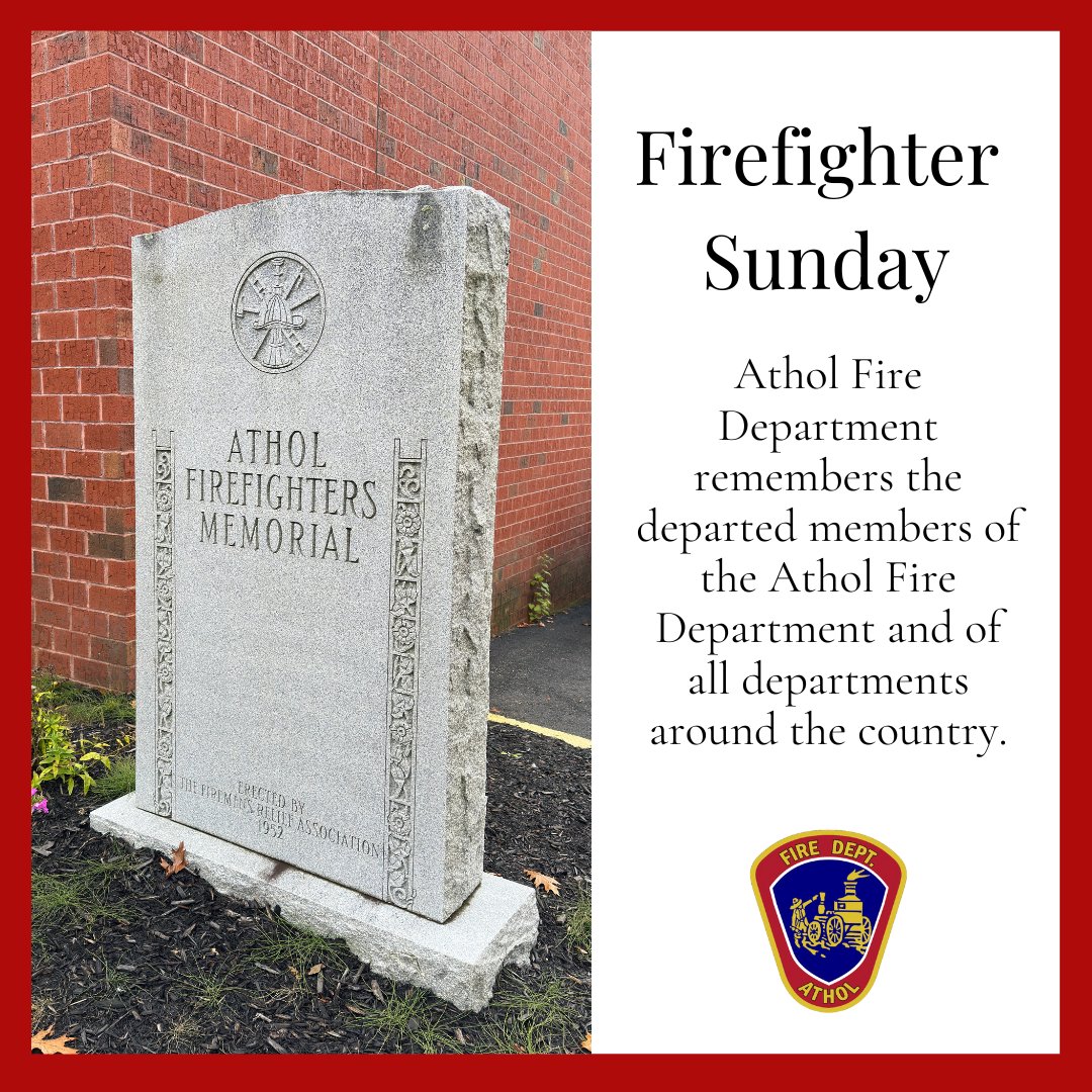 AtholFire's tweet photo. Today, Athol Fire Department remembers the departed members of the Athol Fire Department and of all departments around the country.
#Atholfire #Firefightersunday https://t.co/ZEGrzYfLg4