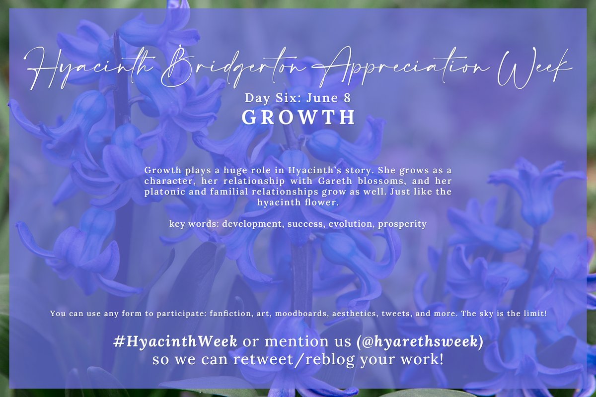 hyarethsweek's tweet photo. we apologize for not posting yesterday, but day six of #hyacinthweek is all about growth, a key element in her narrative. we're excited to see what you have come up with!
#bridgerton #hyacinthbridgerton https://t.co/cYAf8BIDtx
