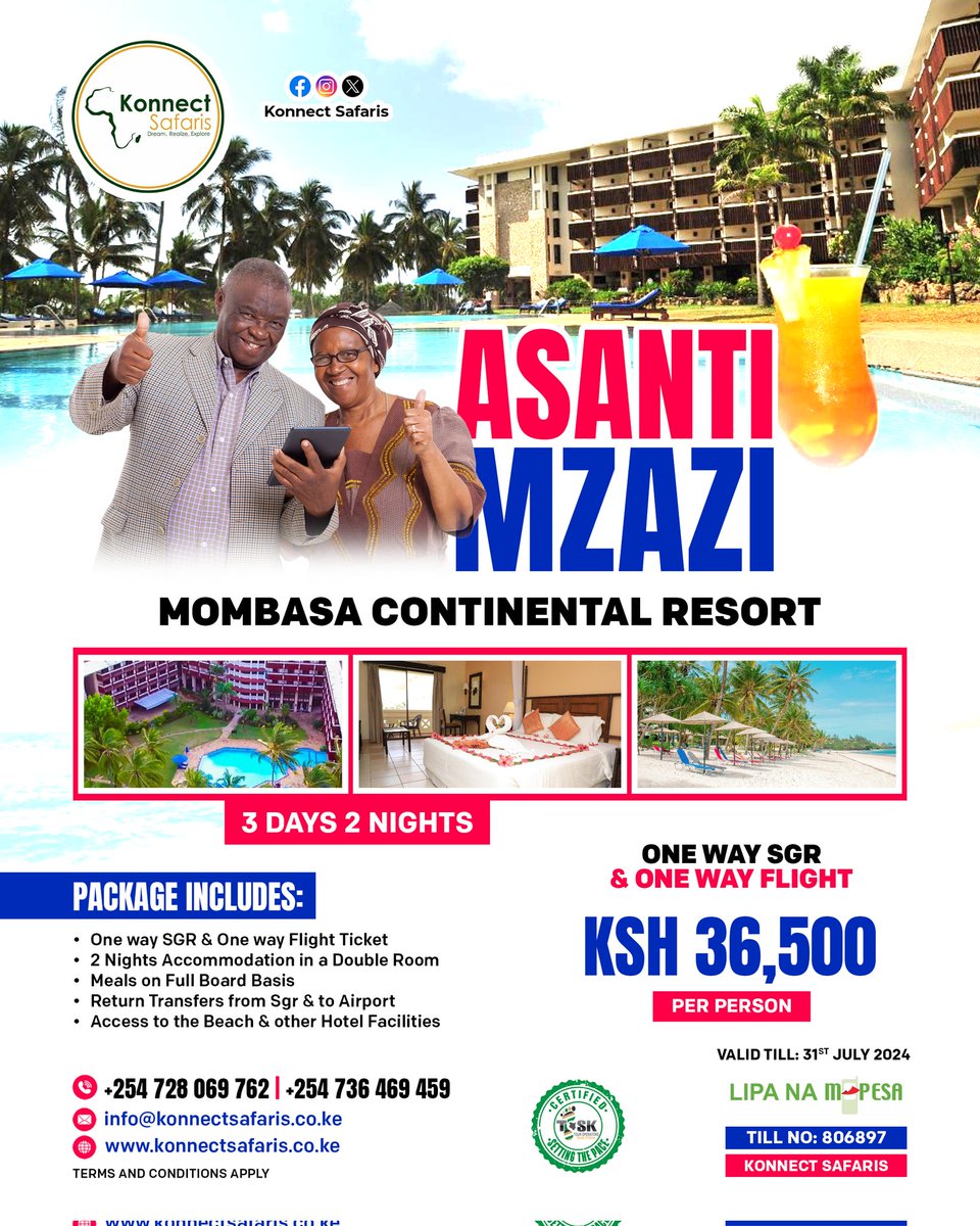 KonnectSafaris's tweet image. 👣🌴 Book your parents holiday now.

LIPA POLE POLE AVAILABLE!!

To book with us:-
Call/Text/WhatsApp:
+254 728 069 762

#magicalkenya  #RediscoverTheMagic #Konnectsafaris #explore #china #beachvibes #mombasadeals #mombasa  #celinedion #Marriage