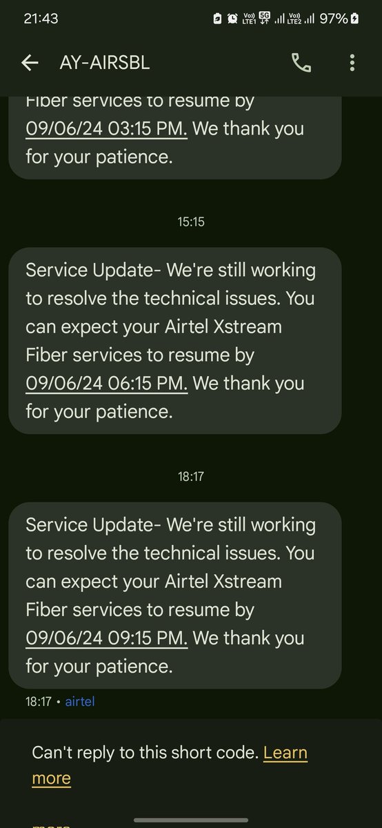saorav_saha's tweet photo. @airtelindia @Airtel_Presence 
The internet has been down in my area since Saturday.
Every 3 hours there is a message of connection to be restored in the next 3 hours.
The internet service is still not up.
I am not able to raise complaint by chat or through ivr. https://t.co/9c5kzDBErc