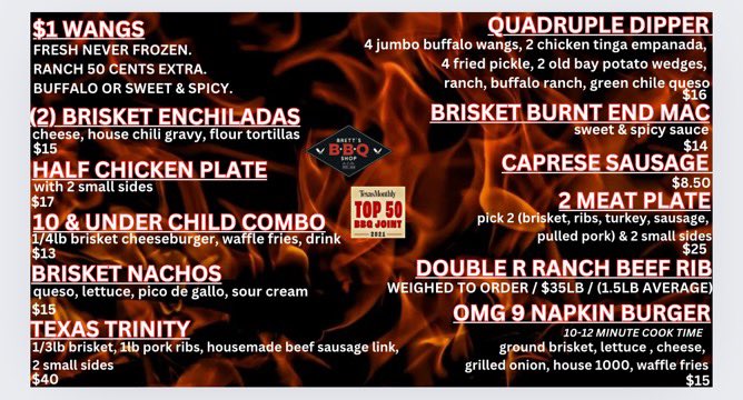 brettsbbqshop's tweet photo. ☀️S U N D A Y  F U N D A Y☀️
Kicking things off with Happy Hour 11-9, ASTROS GAME SOUND ON, 
$1 WANGS &amp; a plethora of our “highly overrated &amp; very dry” central TX style BBQ! 
No ticket needed for the ‘Brett is on Expo�� show for lunch, it’s included with your meal! #HOUBBQ https://t.co/bnmWZrv3q7