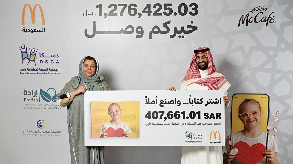 News_Ejazah's tweet photo. .
.
#ماكدونالدز_السعودية تشكر عملائها الكرام لمساهمتهم بالحملة الخيرية السنوية لدعم الأبطال ذوي #متلازمة_داون 
كما وسلمت مبلغ 1,276,425 ريال لدعم 242 طفل ضمن 6 برامج بالشراكة مع جمعيات #دسكا و #صوت و #ارادة الخيرية،
@DSCA_org
@sautsociety
@eradah_2008
Ad https://t.co/lmSAW4w0vu