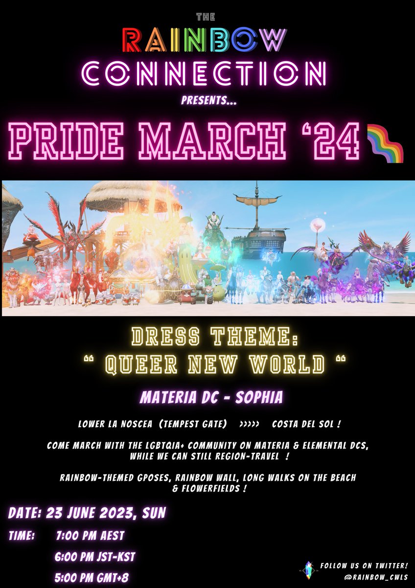 RainbowCWLS's tweet photo. Happy #PRIDE month! 🌈 #RainbowConnection is proud to announce that #RCPrideMarch24 will be held on 23 Jun (sun) on Sophia Materia DC! Come join us for the march while region-travel is still a thing! #LGBTQIA 🏳️‍🌈#ffxiv https://t.co/2UoserlpfU