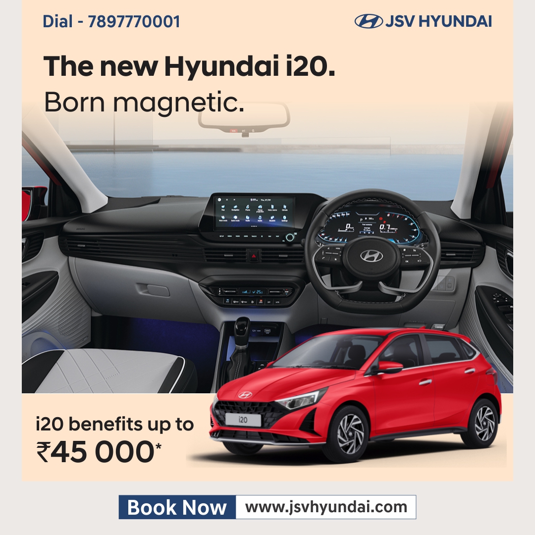 Hyundaijsv's tweet photo. The all-new i20 - With its ‘BORN MAGNETIC’ attributes leaving an unforgettable impression
.
.
#Hyundaii20nline #Hyundai #HyundaiIndiai20 #Hyundai #HyundaiCars #HyundaiClickToBuy #ClickToBuy #Iami20 #BornMagnetic #AllNewI20 #Hyundaii20 #HyundaiShowroom #Lucknow #aura
.
.
Book now. https://t.co/o0qd2uJHv0