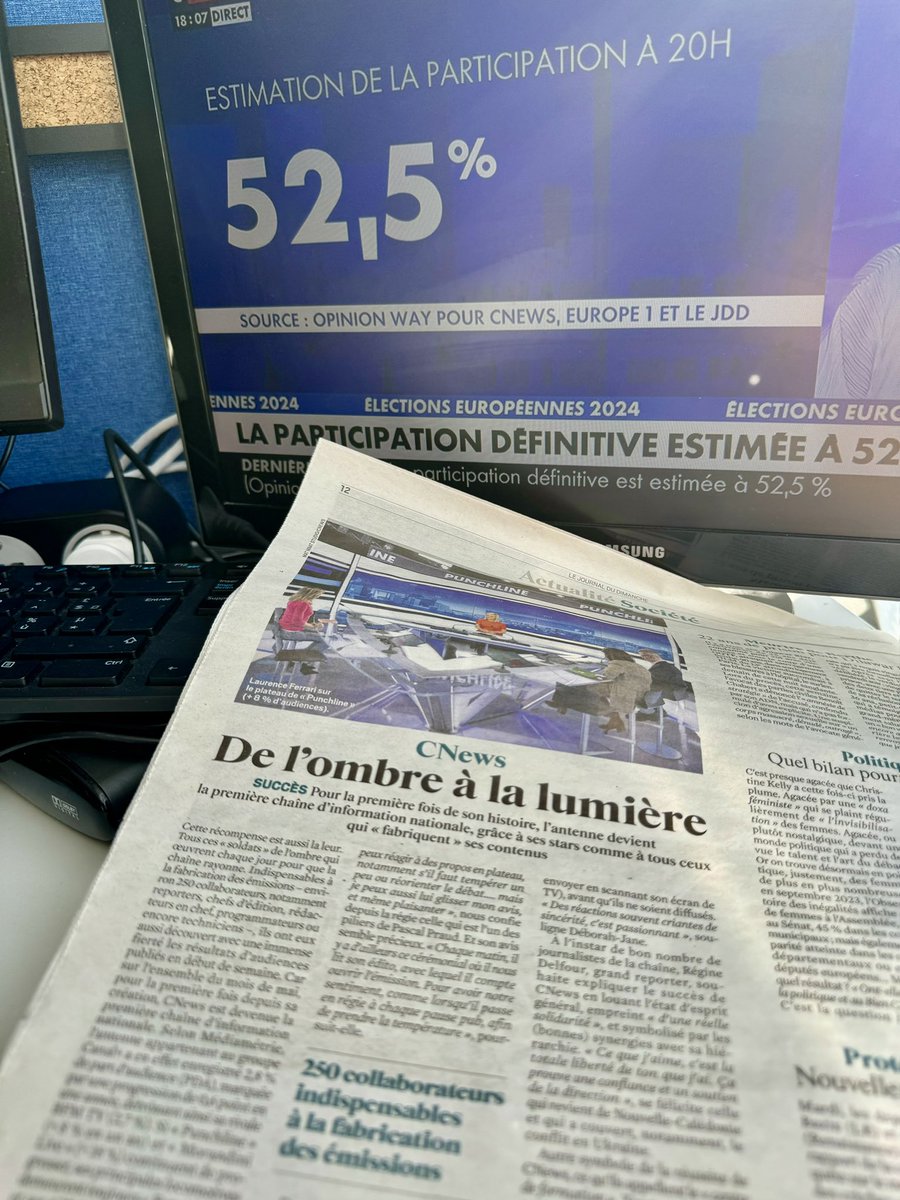 🗞️#DansLaPresse

En attendant les résultats #ElectionsEuropéennes2024 à 20H en direct <a href="/CNEWS/">CNEWS</a>

Lecture du <a href="/leJDD/">Le JDD</a> 
➡️ Pour la première fois de son histoire, l'antenne devient la 1ère chaîne d'information nationale, grâce à ses stars comme à tous ceux qui « fabriquent » ses contenus