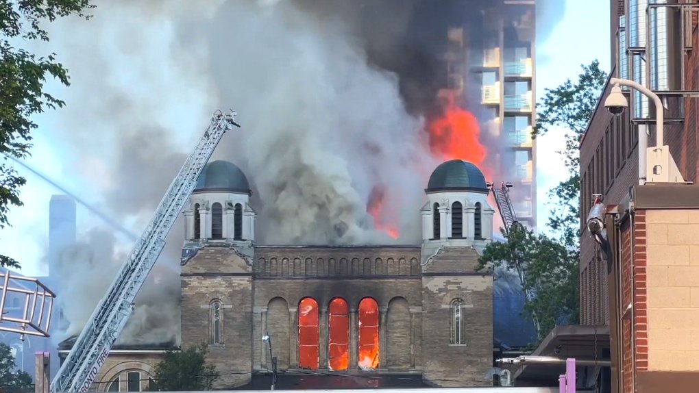 KirkLubimov's tweet photo. Another church is burned down in Canada.

This is the historic St. Anne's Angelican Church in Little Portugal in Toronto.

The church was built in 1907-1908 and a designated National Historic Site.

That's around 100 churches burned down or vandalized in Canada now to silence by the Libral gov.