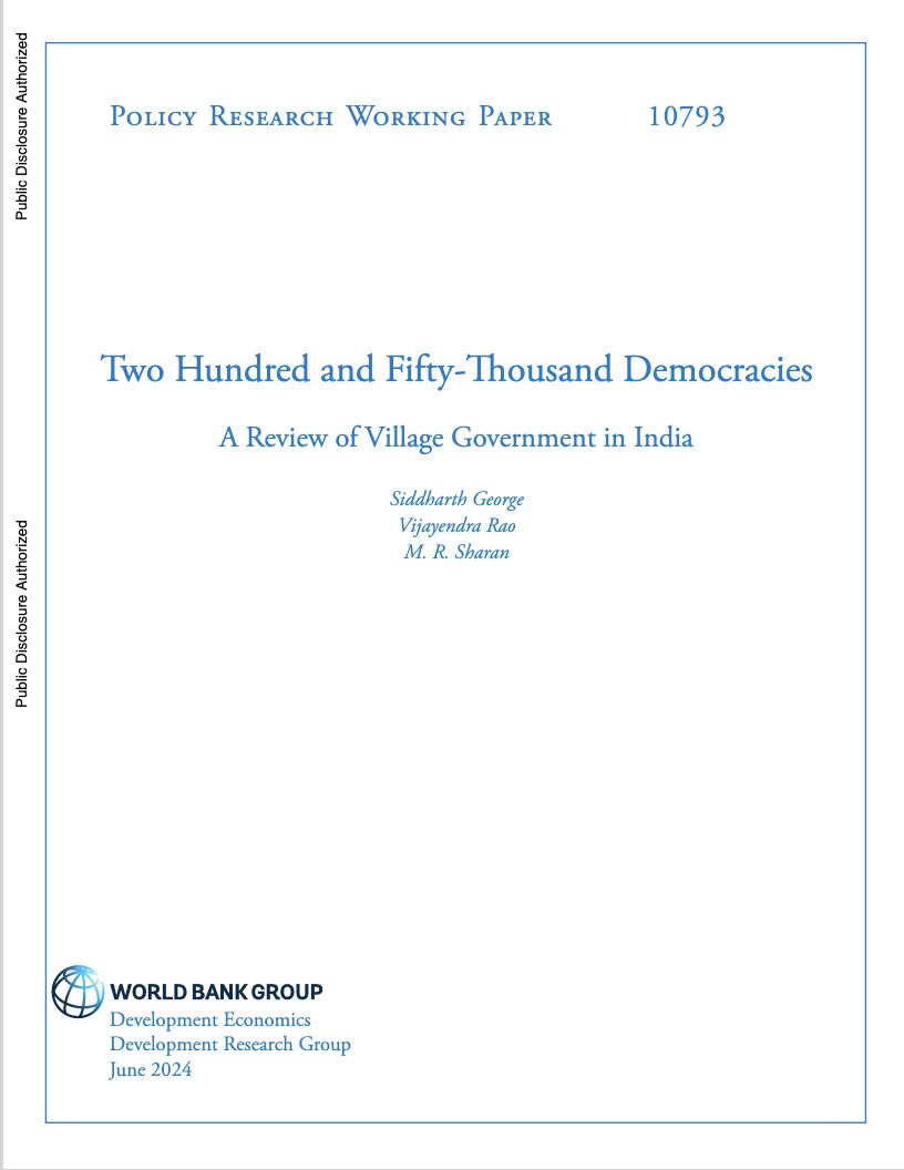 New <a href="/WorldBank/">World Bank</a> paper from <a href="/siddyg88/">Siddharth George</a>, <a href="/bijurao/">Vijayendra Rao</a> &amp; <a href="/sharanidli/">M.R. Sharan</a> reviews the history of panchayats, analyzes the empirical literature on decentralization in India, and proposes policy reforms for the future documents1.worldbank.org/curated/en/099…