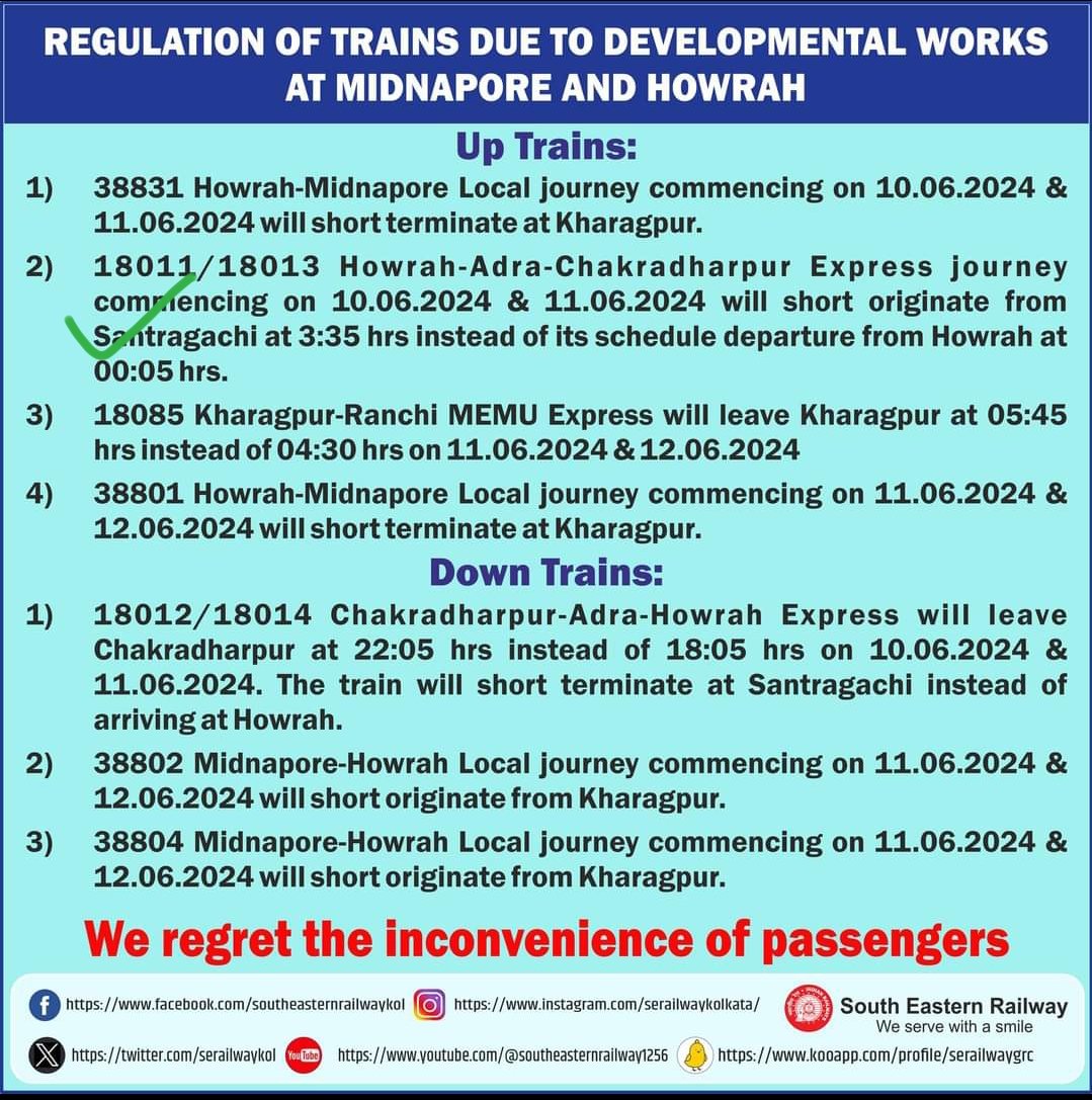 aritra_munsi's tweet photo. @RailwaySeva @drmhowrah @drmhowrah First u reschedule and create confusions with different different information, then cancel the train and then again restored the train , again confused that it running normal time or reschedule. What a joke @serailwaykol u are playing with normal people? Answer https://t.co/6hNDy1q4Wa