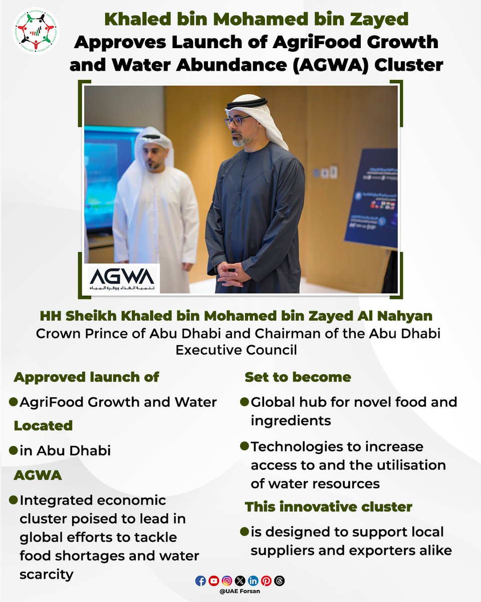 UAE_Forsan's tweet image. HH Sheikh Khaled bin Mohamed bin Zayed Al Nahyan Approves Launch of AgriFood Growth and Water Abundance (AGWA) Cluster 
#UAE #AbuDhabi #AGWA 
@ADMediaOffice