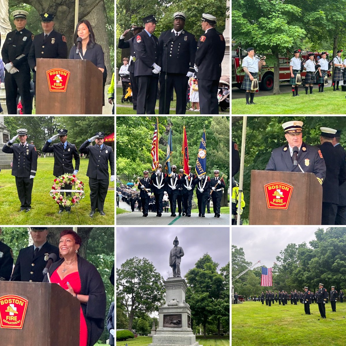 BostonFire's tweet photo. The Boston Fire Honor Guard led the procession for the 131st Annual Firefighters Memorial Service at Forest Hills . A Day of remembrance for those who served to protect the residents of the City of Boston . May they Rest in Peace. https://t.co/VT0xTHcJCQ