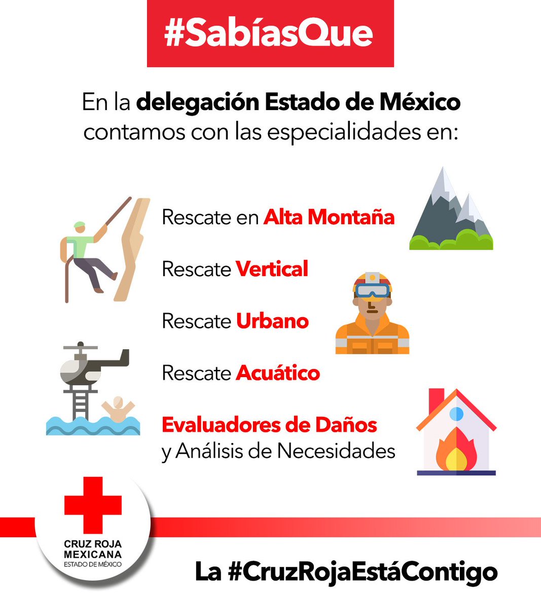 En la delegación #Edoméx estamos listos y capacitados para cuidarte y cuidar a tu familia.

Contamos con especialidades en rescate en alta montaña, vertical, acuático y urbano. 

La #CruzRojaEstáContigo 🤜🏽🤛🏼