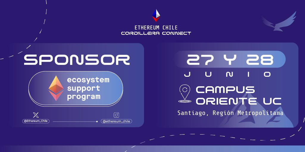 Queremos darle la Bienvenida a nuestro sponsor <a href="/ethereum/">Ethereum</a> que por medio de su <a href="/EF_ESP/">EF Ecosystem Support Program</a> será parte de #ETHChile2024

🗓️ 27-28 de Junio
📍 Campus Oriente UC, Ñuñoa 
🎟️ ethereumchile.org