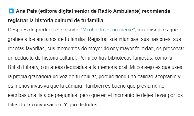 Algún tiempo atrás, leía en el newsletter de <a href="/radioambulante/">Radio Ambulante</a> un consejo muy valioso de <a href="/_anapais/">Ana Pais 🌱</a>: Registra la historia cultural de tu familia.

Ella produjo uno de los episodios más bonitos y reflexivos esta temporada del podcast: "Mi abuela es un meme".

radioambulante.org/audio/mi-abuel…