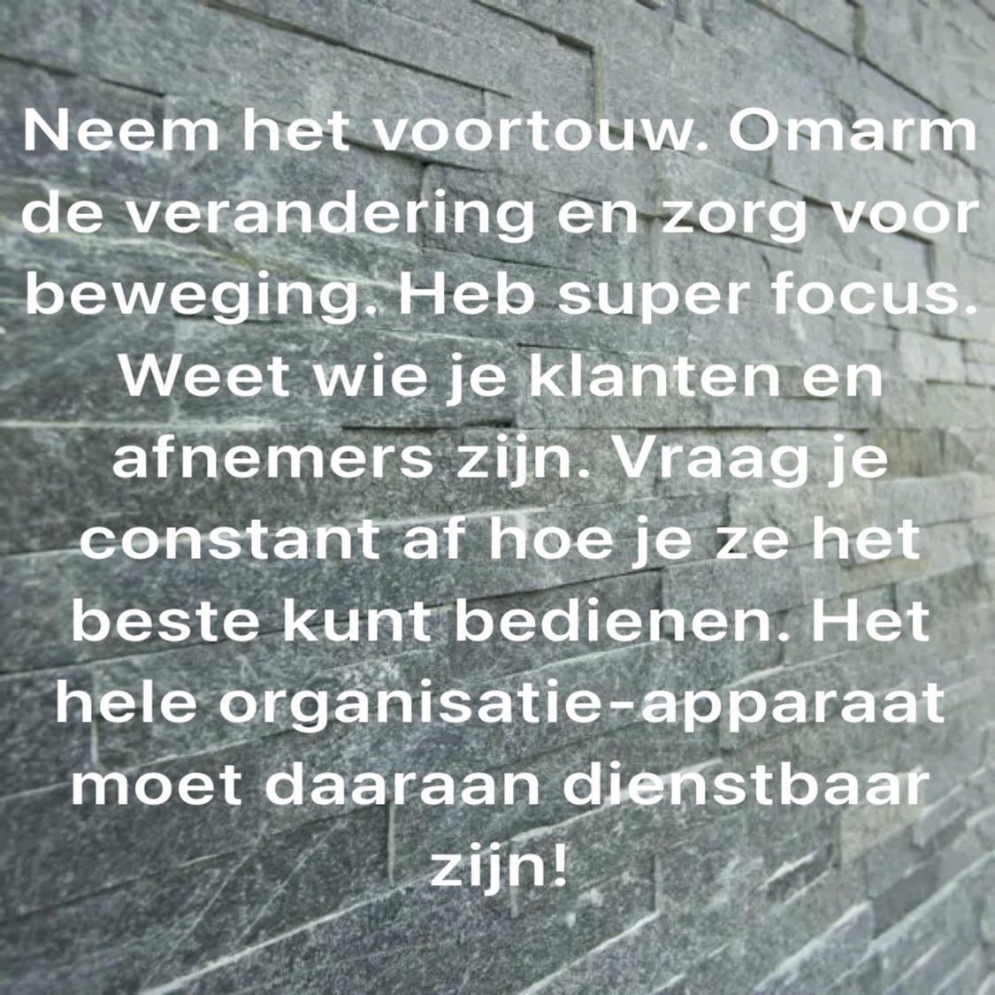 denkanders's tweet photo. Presteren op topniveau
#verandermanagement 

‘Neem het voortouw. Omarm de verandering en zorg voor beweging. Heb super focus. Weet wie je klanten en afnemers zijn. Vraag je constant af hoe je ze het beste kunt bedienen. Het hele organisatie-apparaat moet daaraan dienstbaar zijn!’ https://t.co/WOR2onvrxE