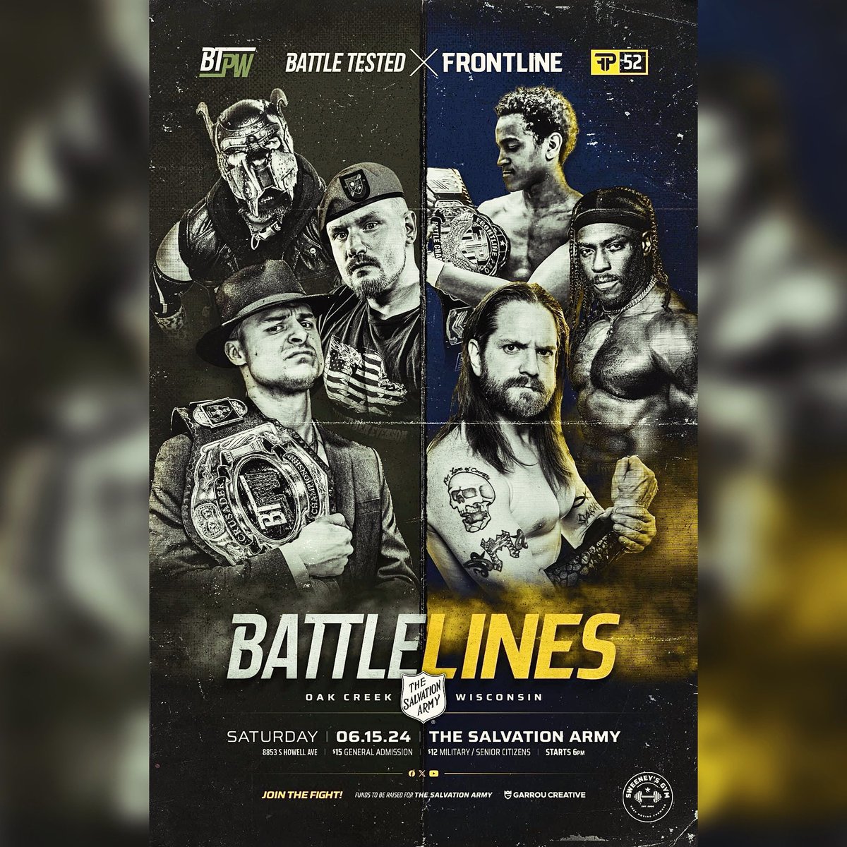 💥NEXT SATURDAY💥

#FrontlinePro in partnership with #BattledTestedPro present #BattleLines!

🏆‼️MAIN EVENT‼️🏆 
Newly crowned #FP Heavyweight Champion, ‘The Creator’ BEN MCCOY
defends against #BTPW’s
NELL DILLINGER

+ much more!

📍OAK CREEK, WI
🎟 $15 / Seniors &amp; Military $12