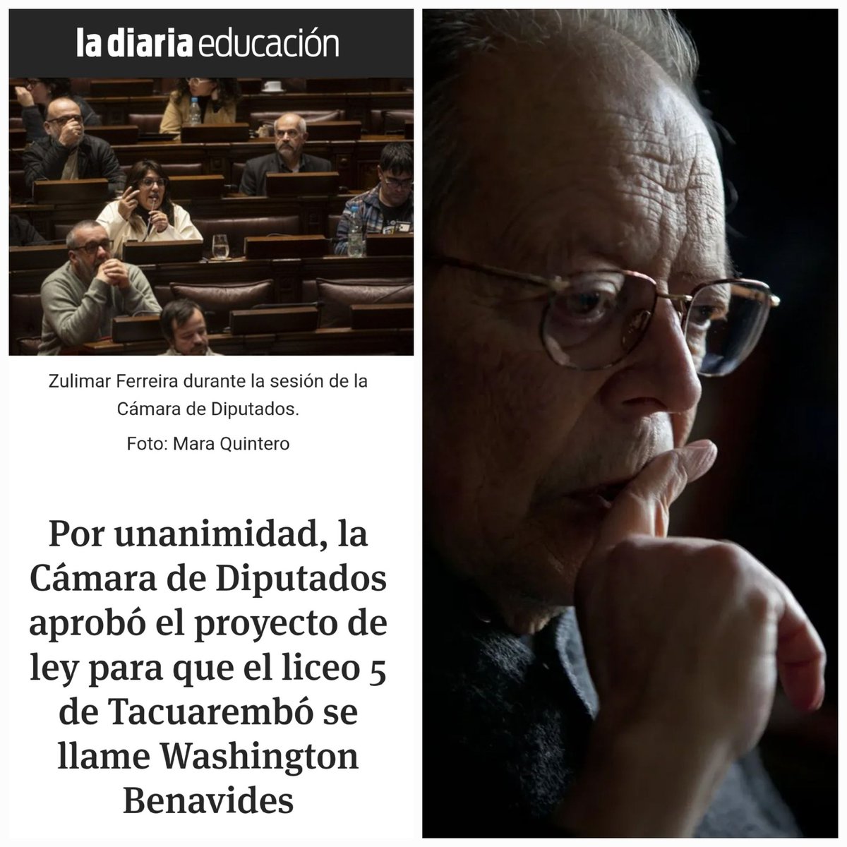 Celebramos que la Cámara de Diputados aprobó por unanimidad el proyecto de ley para que el liceo 5 de Tacuarembó lleve el nombre de nuestro amigo y maestro Washington Benavides