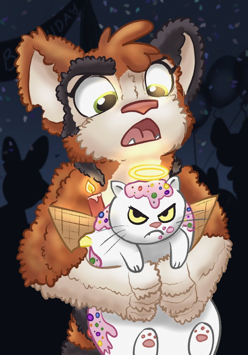 FluffheartArt's tweet photo. Some @Neopets fanart.  This is one of my pets (a toy Kougra) and her petpet (a birthday Plumpy).  He ate all the cake :c

#fanart #neopets #kougra #plumpy https://t.co/pOXoR62Ypn