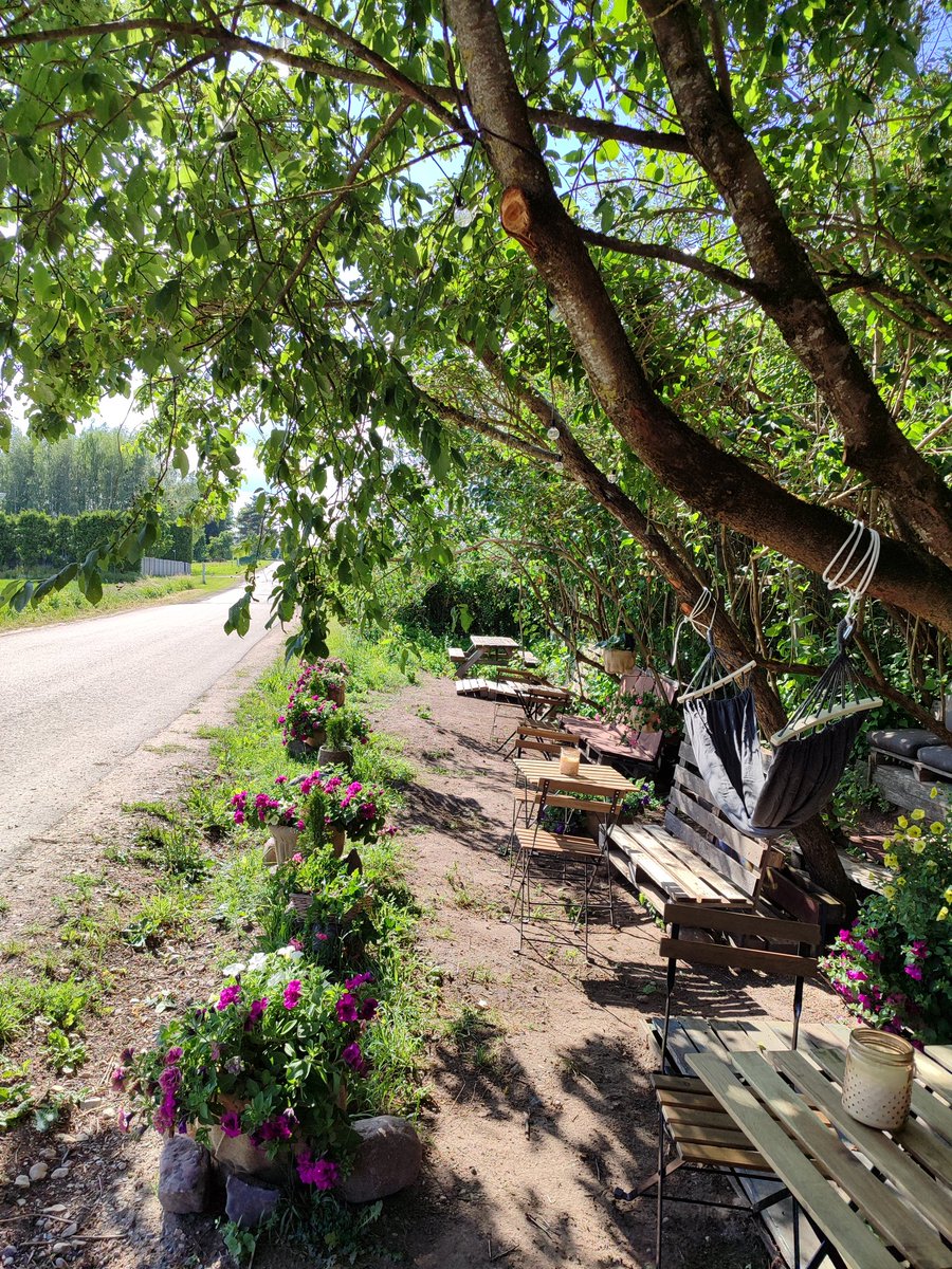 Elhanchik's tweet photo. Mēs ejam pa vecās Rīgas šosejas akmeņaino asfaltu, apkārt ir tikai lauki, tālumā redzams senkapu kalniņš un Daugavas zilie ūdeņi. Un te, pēkšņi, nekurienes vidū - maza kafejnīca ceļmalā. Pašcepta maize, kūkas, mājas saldējums, kafija, burbuļtēja... Pilnīgi neticama vieta. https://t.co/mBd7TKrya1