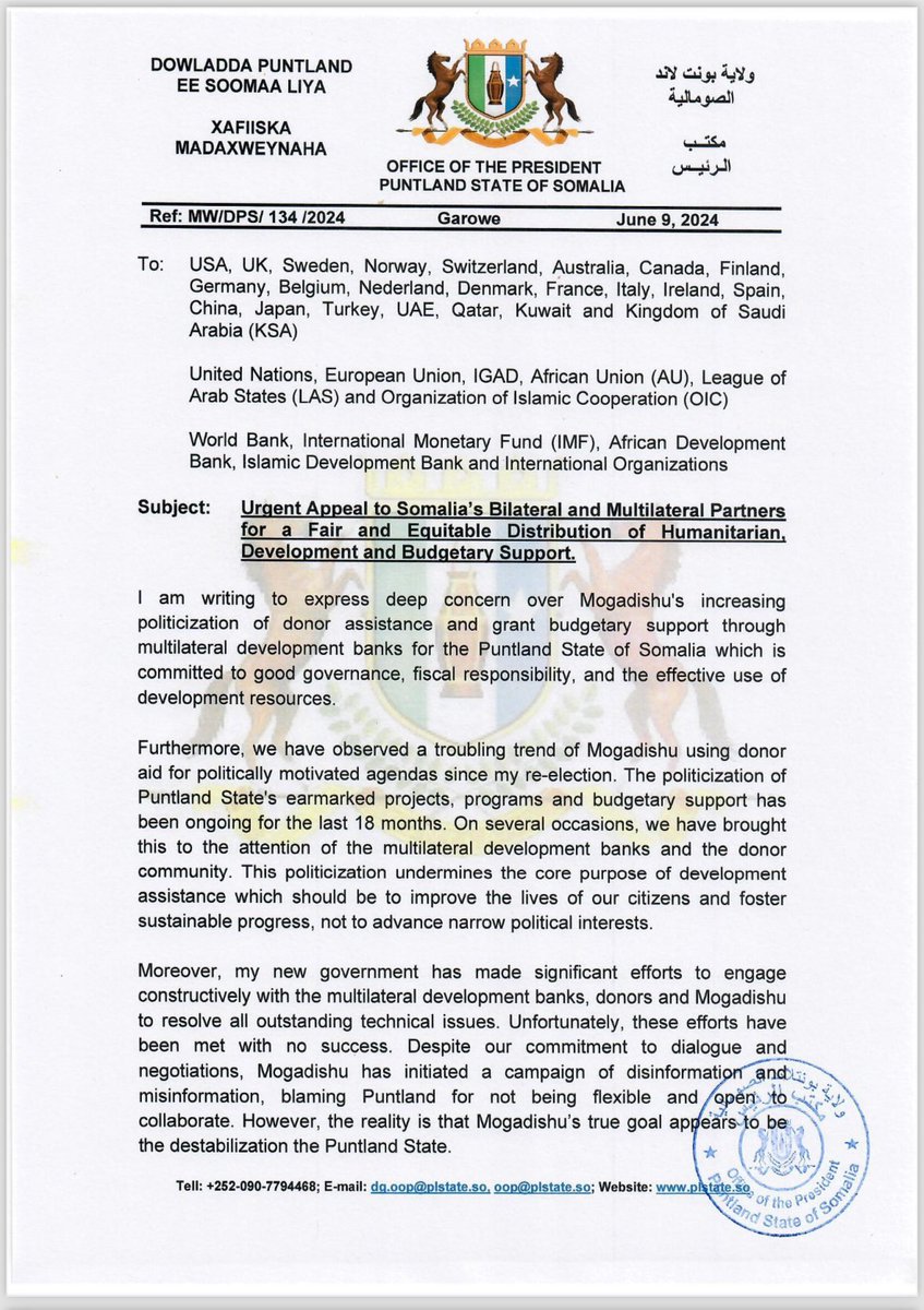 Mohameddharoor's tweet photo. Puntland calls on the international community to address Mogadishu’s politicization of donor aid.
#puntlandfirst👇 https://t.co/8ldnPKif8L
