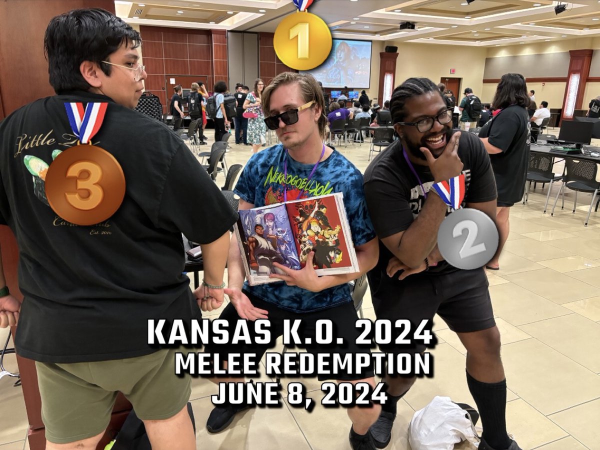 Congrats to our Melee finalists at <a href="/Kansas_KO/">Kansas K.O.</a>! ✨

Singles
🥇 <a href="/Fireboltssbm/">Firebolt</a> 
🥈 <a href="/KcBlue_Ssb/">KcBlue 🔜 Pat’s House</a> 
🥉 thequail48
4⃣ <a href="/max_dollarz/">max</a> 
5⃣ <a href="/Megacaat/">Megacaat</a> / <a href="/stephkerry_/">kerry</a> 
7⃣ @Spicy_bagels / <a href="/NicholasAvery8/">Nicholas Avery</a> 

Redemption
🥇 <a href="/Sevinipher/">Sevinipher</a> 
🥈 <a href="/Pluasaur/">Focus | Plue</a> 
🥉 <a href="/arealhiro/">Hiro</a> 

See you next year! ♥️