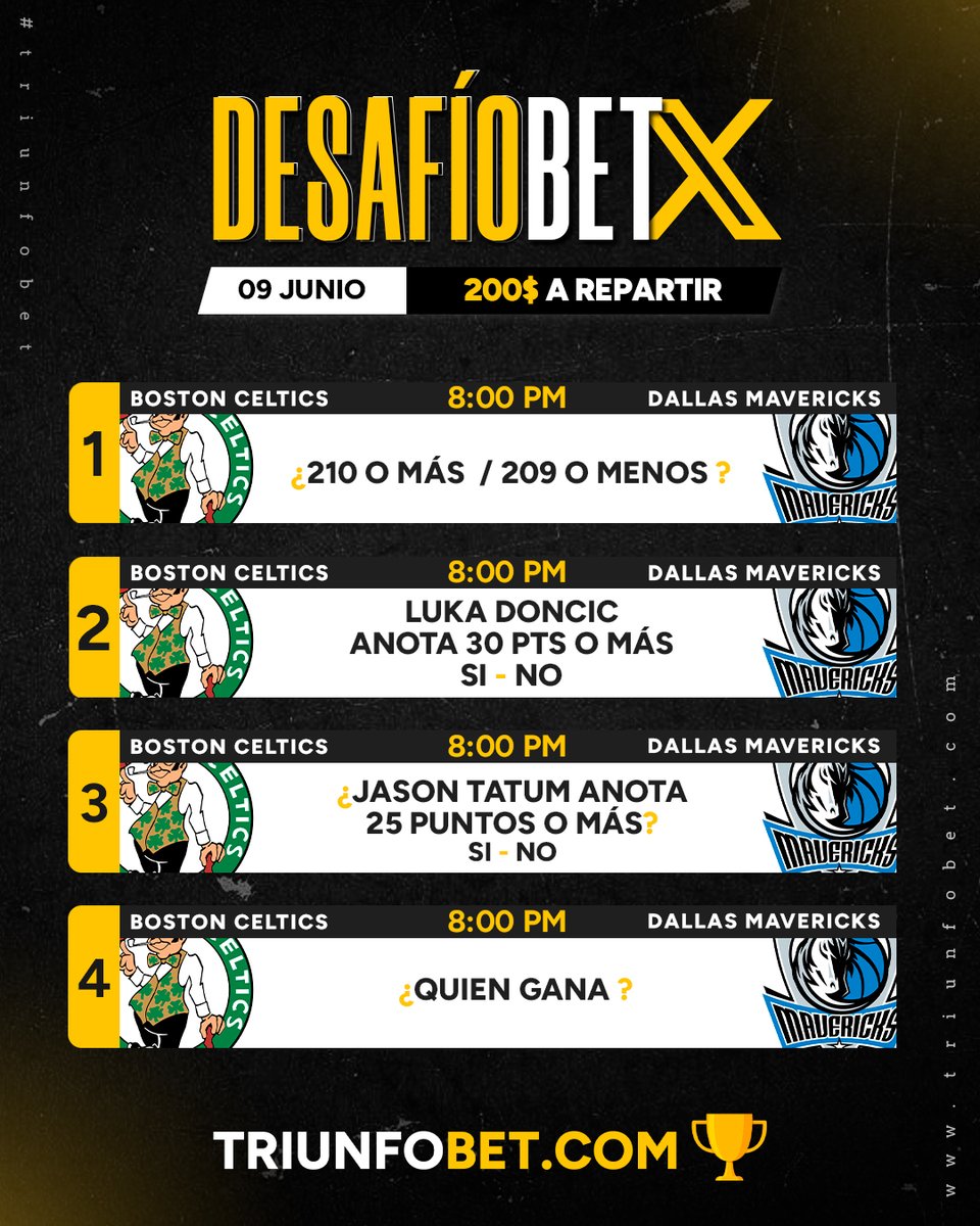 Triunfobet1's tweet photo. JUEGO 2 DE LAS FINALES DE LA NBA= DESAFIOBET DE 200$ A REPARTIR 🫰

Vamos con un DESAFIOFLASH para nuestros usuarios de X así que dejen sus pronósticos porque esos 200$ a repartir no se ganan solos 😏

Participa siguiendo estas indicaciones:

1⃣ Seguirnos y  darle RT 🔄 a este Tuit.

2⃣ Tener tu perfil verificado en https://t.co/25wJdc7iey con la foto de la cédula y la foto tipo selfie en el usuario.

3⃣ Haber realizado una recarga de mínimo 3$ en la página esta semana o su equivalente a tu moneda local, tomaremos en cuenta las recargas desde el lunes 03 de junio hasta empezar el juego.

4⃣ Dejar tu pronóstico + tu nombre de usuario de Triunfobet 🏆.

De haber varios ganadores el premio será repartido entre las personas que hayan acertado y que cumplan con todas las condiciones.

Ojo si no hay ganador quedará acumulado para la próxima semana.

Recuerden apoyar la cuenta para traerle más sorteos y aumentar los montos 🔥.