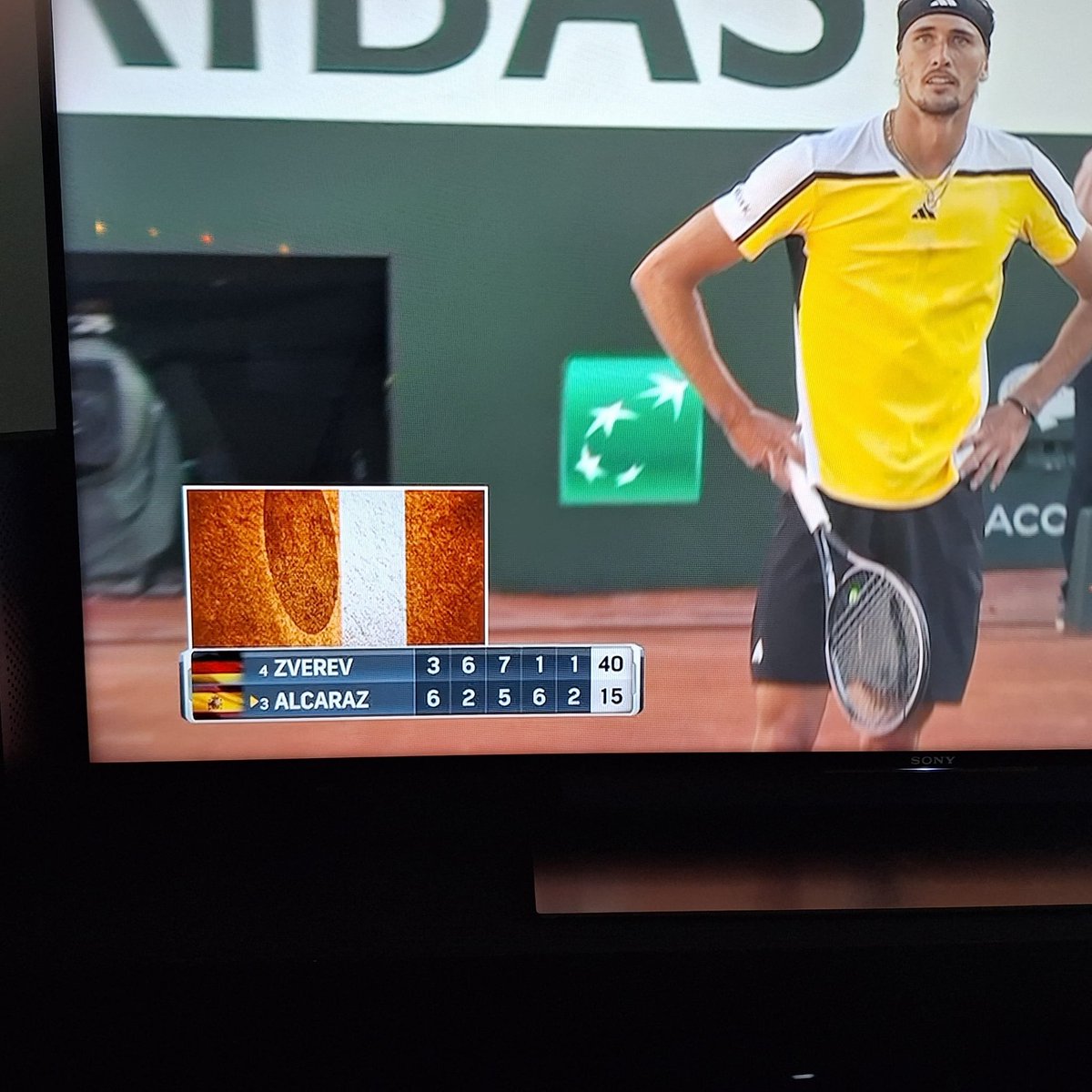 The ball was out, as initially called.
The chair umpire's decision changed the course of the match in a 5th set of a Grand Slam final.
#rolandgarros