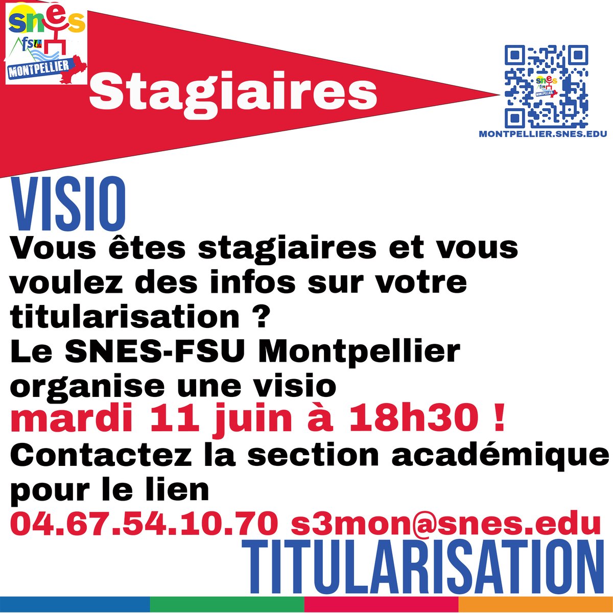 SNESMontpellier's tweet photo. #stagiaires #visio #Titularisation Mardi 11 juin 18h30, contactez nous pour le lien ! https://t.co/anQ7XQIQXr