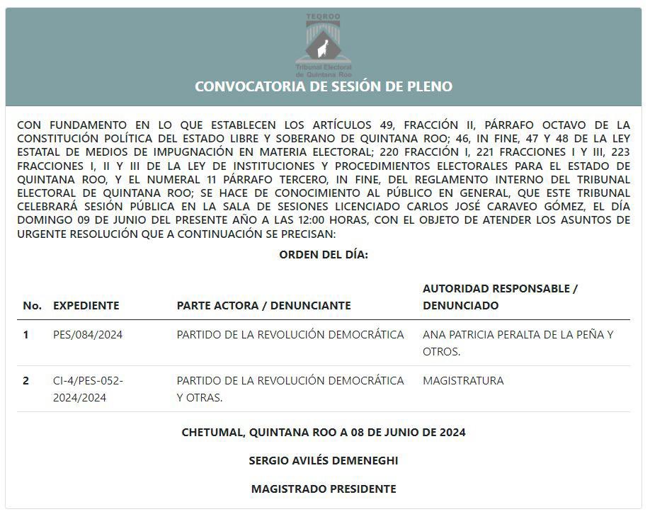 TEQROO_Oficial's tweet image. #AvisoComplementario | El @TEQROO_Oficial informa que en la Sesión de Pleno convocada para #hoy 09/06/24 a las 12:00 horas, se atenderá un asunto más. La sesión se transmite en #vivo a través de nuestro canal de YouTube, Face Live y X.

A continuación, los asuntos a resolver: