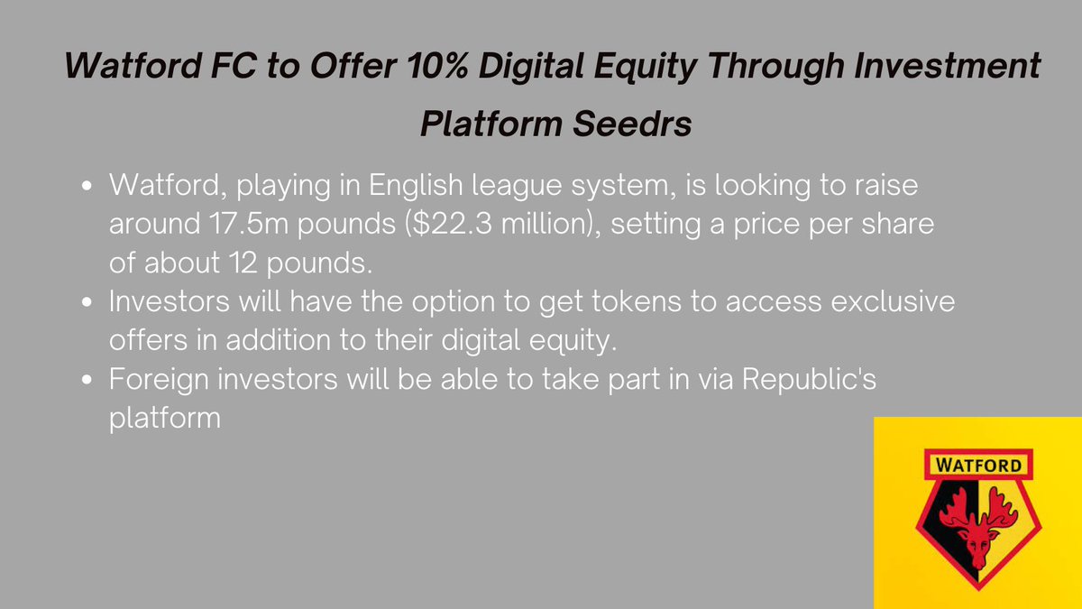 tamyresearch's tweet photo. Football clubs are getting a huge stake in the crypto business. 

The latest update comes from Watford FC that looks to offer 10% equity through Seeders.

See more↘️💰📈💹
#watfordfc #seeders #investment https://t.co/dozQ1ZmVeC