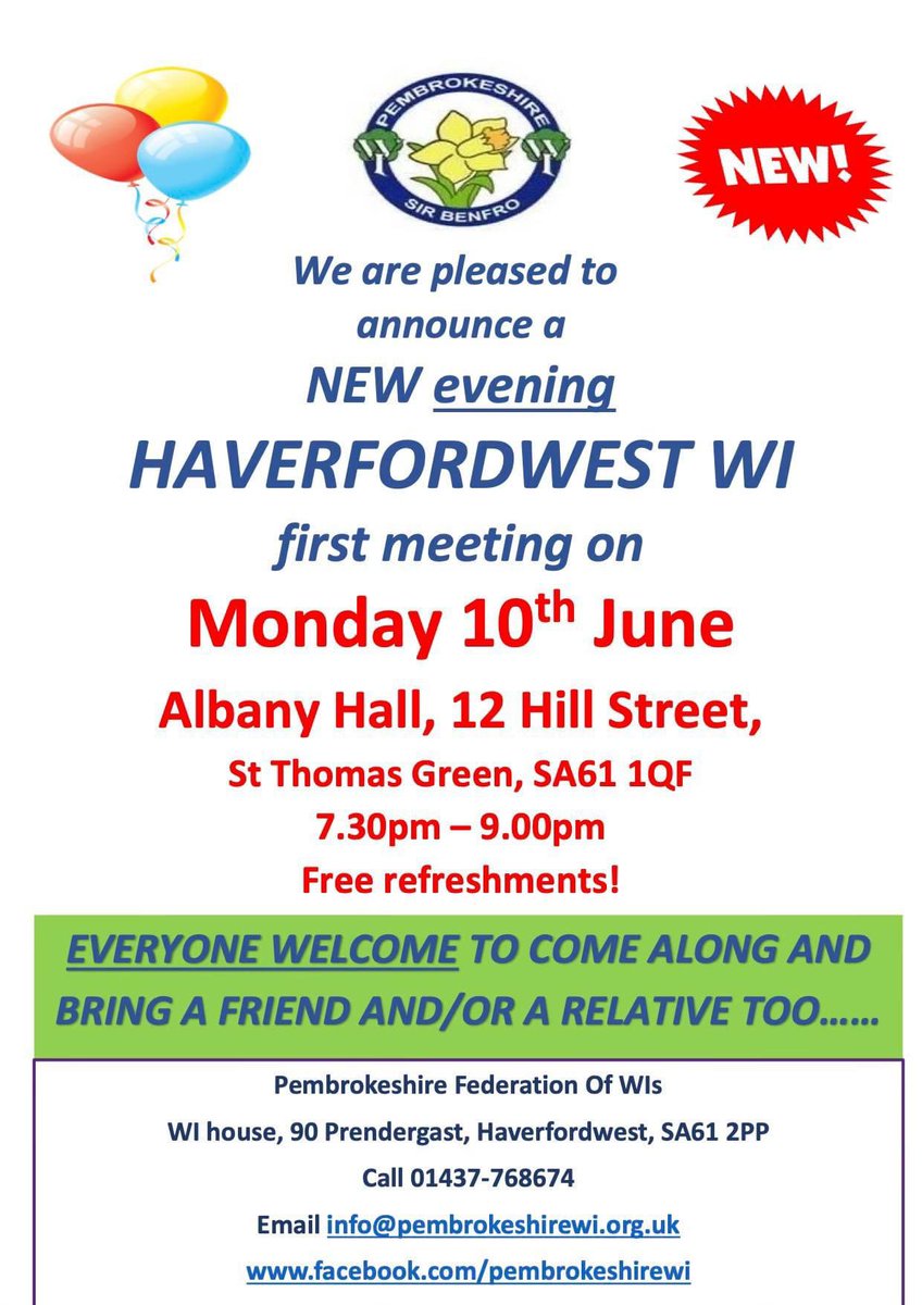 Don't forget - the new Haverfordwest WI 'first meeting' will be tomorrow - Monday 10th June Albany Church, starting at 7.30pm and will finish at 9pm - free refreshments, a craft display and lots of fun....head to 12 Hill Street, St Thomas Green, SA62 1QF👍☺️🥳