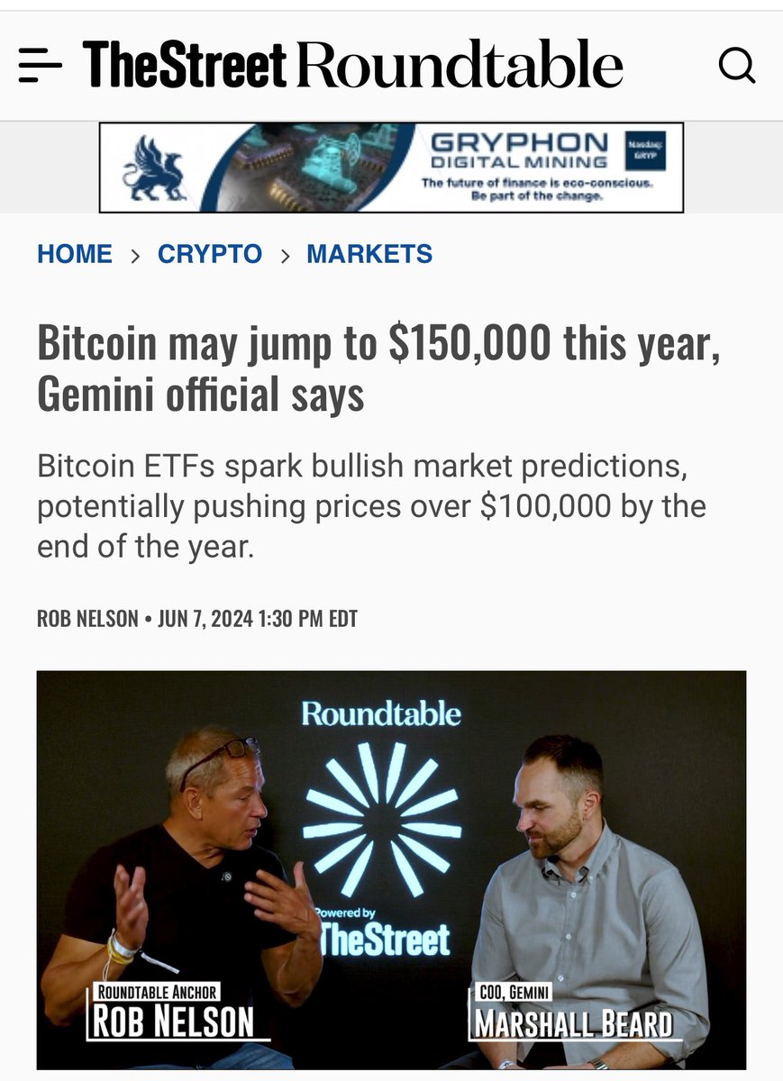 RT Media (@roundtablertb) on Twitter photo Your weekend roundup of our latest EXCLUSIVE interviews with the brightest, leading minds in #crypto and #Web3
Go to ➡️ thestreet.com/crypto
Ft. <a href="/JohnEDeaton1/">John E Deaton</a> <a href="/beardmars/">Marshall Beard</a> <a href="/Gemini/">Gemini</a> <a href="/GryphonMining/">Gryphon Digital Mining</a> <a href="/pgio240426/">Paul Giordano</a> <a href="/MarathonDH/">Moved to @MARAHoldings</a>
#cryptonews #BITCOIN #CryptoWealth #CryptoRegulation Your weekend roundup of our latest EXCLUSIVE interviews with the brightest, leading minds in #crypto and #Web3
Go to ➡️ thestreet.com/crypto
Ft. <a href="/JohnEDeaton1/">John E Deaton</a> <a href="/beardmars/">Marshall Beard</a> <a href="/Gemini/">Gemini</a> <a href="/GryphonMining/">Gryphon Digital Mining</a> <a href="/pgio240426/">Paul Giordano</a> <a href="/MarathonDH/">Moved to @MARAHoldings</a>
#cryptonews #BITCOIN #CryptoWealth #CryptoRegulation